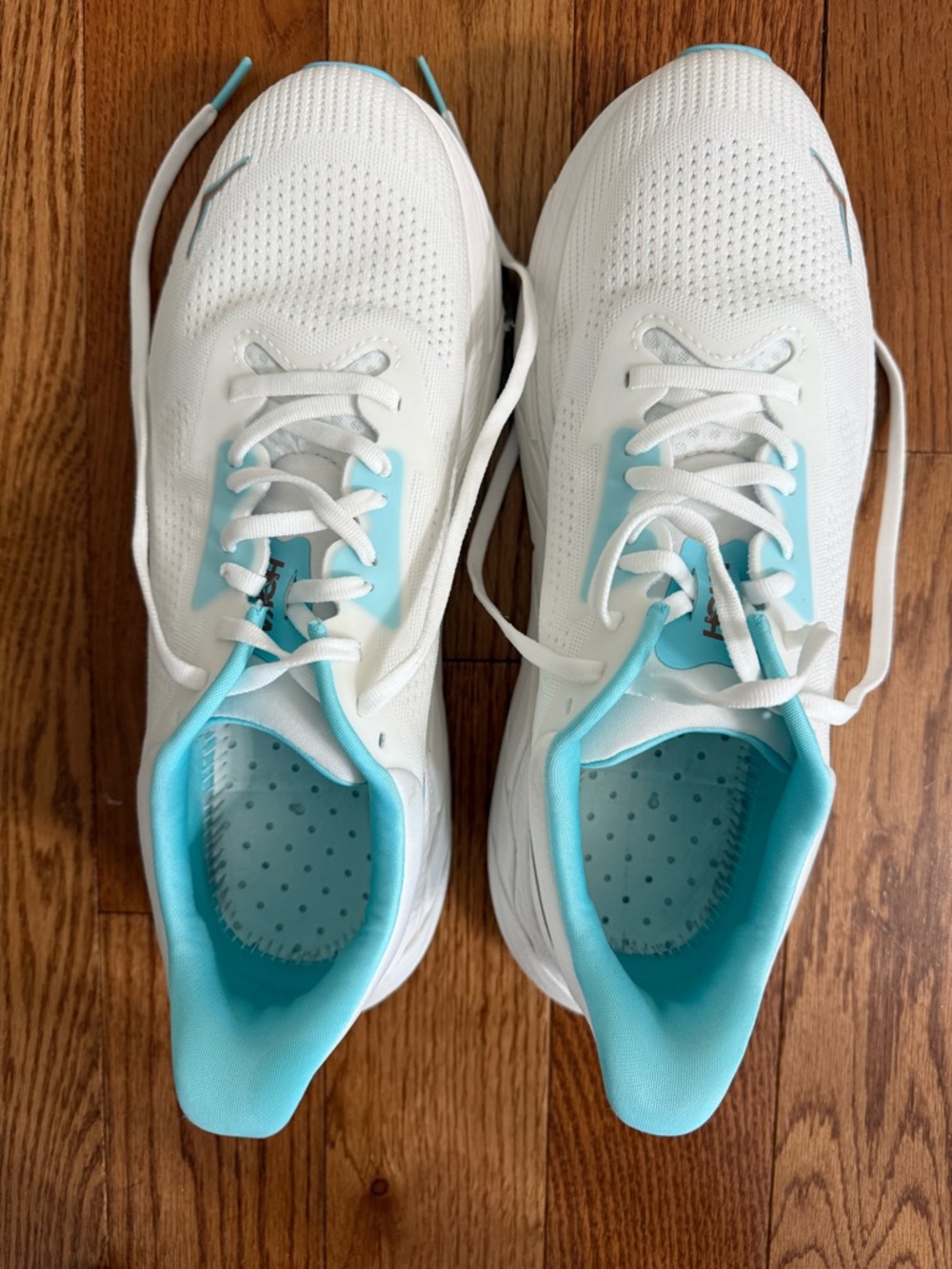 Hoka One One Women's White Sneakers with Aqua Blue Accents